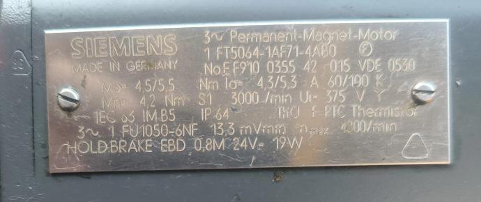 Siemens Permanet Magnetmotor 1FT5064-1AF71-4ABO